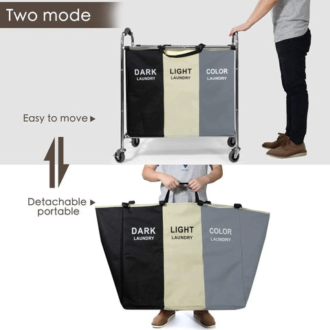 Rolling Laundry Cart With Wheels 240L 3 Section Hamper shown in wheeled and portable modes with dark, light, color labels