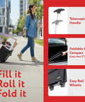 Woman pulling Must Have Collapsible Rolling Utility Cart for Groceries and More, showcasing telescoping handle and smooth wheels.