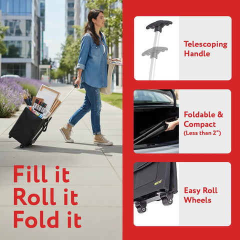 Woman pulling Must Have Collapsible Rolling Utility Cart for Groceries and More, showcasing telescoping handle and smooth wheels.