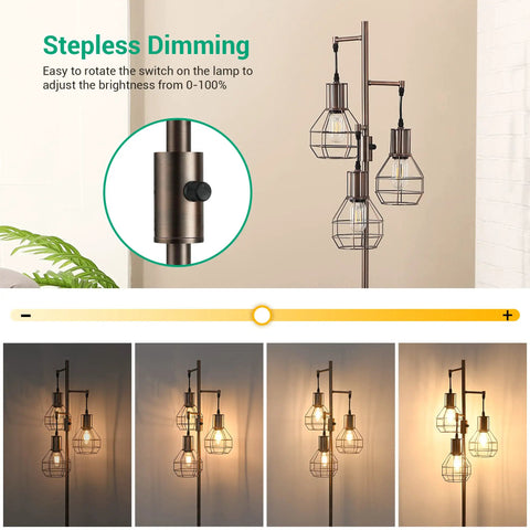 Industrial Dimmable Floor Lamp With 3 LED Bulbs Included, Rustic Tree Style Standing Lamp For Living Room Bedroom And Office, 65 Inch Tall, Stepless Dimmer Rotary Switch, Farmhouse Brown Vibe