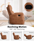 Swivel Rocker Recliner Chair With Faux Leather, Manual Glider, 360 Degree Swivel, showing reclining motion in dark brown.