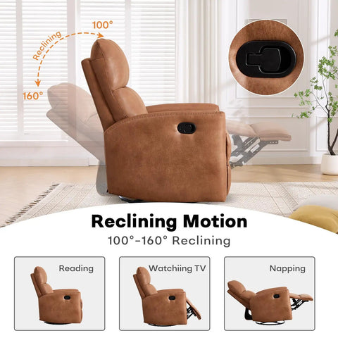 Swivel Rocker Recliner Chair With Faux Leather, Manual Glider, 360 Degree Swivel, showing reclining motion in dark brown.