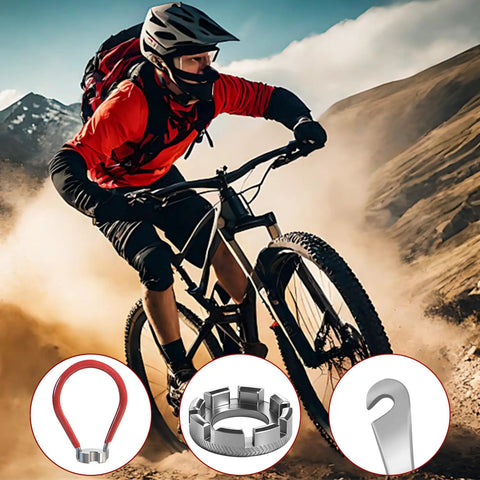 Mountain biker with Eight Way Universal Bicycle Spoke Wrench Tool for wheel truing and tension adjustment with tire levers, red tensioner.
