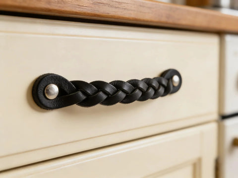 Braided Leather Drawer Pulls Set In Black Six And A Half Inch Length By One Inch Width on cream cabinet for industrial charm