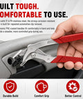Professional Grade Auto Clip Pliers Built For Quick No Fuss Damage Free Extraction Of Car Trim Fasteners And Panel Removers Featuring angled stainless steel jaws used on a car panel.