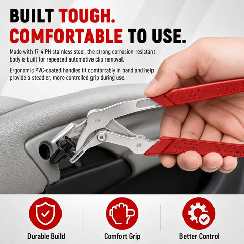 Professional Grade Auto Clip Pliers Built For Quick No Fuss Damage Free Extraction Of Car Trim Fasteners And Panel Removers Featuring angled stainless steel jaws used on a car panel.