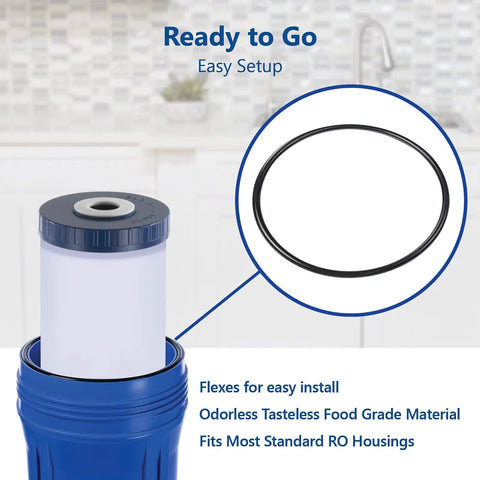 Whole House O Ring Replacement Kit For Filter Housings Fits Standard Twenty Inch Filter Housings Five Point Five Inch OD O Rings Three Pack BPA Free Nitrile Rubber Thermal Resistant Pro Seal Leak Proof Seals Includes Lubricant Tube shown with filter housing setup
