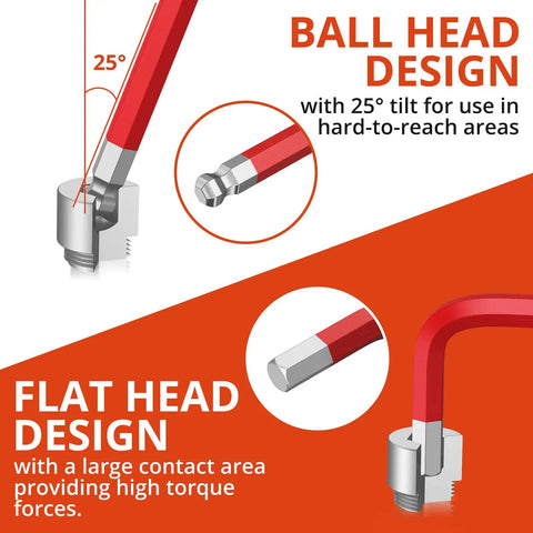 Diagram showing ball head and flat head design of Ball End Hex Key Set With Torx Keys 18 Pieces Chrome Vanadium Steel Allen Wrenches.