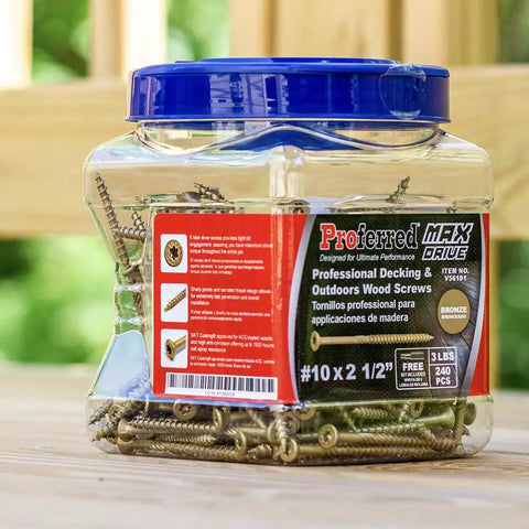 Jar of MAX Drive Exterior Decking And Outdoor Wood Screws With Bronze SKT Coating For Exterior Wood 2.5 Inch Number Ten 240 Pack