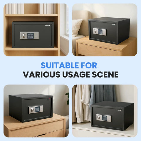 1.2 Cubic Feet Digital Safe Box With Shelf Keypad And Combination Lock Heavy Duty Alloy Steel Security Safe For Home Office Hotel Or Business Built To Last Protection Against Break Ins And Tampering With Easy Access For Authorized Users displayed in various settings.