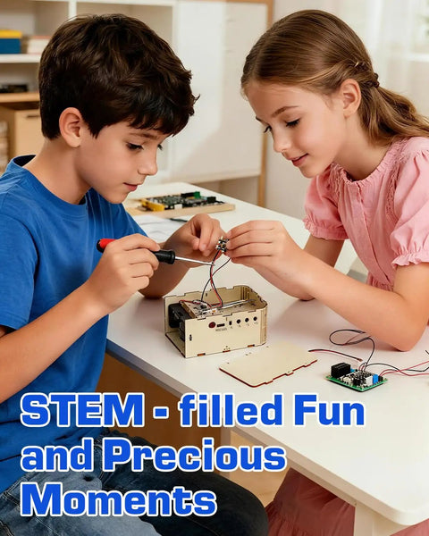 Two children assembling the "Hands-On FM Radio Kit For Kids And Teens Ages 8 12 13 14 STEM Toys Electronics Project Build Your Own Radio Educational Toy Gift For Boys And Girls Great Gift Idea" at a table.