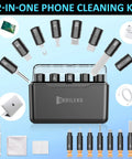 IPhone Cleaning Kit With Charging Port Cleaner Tools For AirPods And IPad Connectors Multi Tool Set With Port Brushes And U Shaped Cleaners Keeps Your Lightning Cable And Devices Clean In A Compact Portable Case showing tools and case.