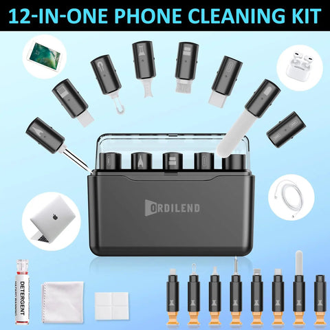IPhone Cleaning Kit With Charging Port Cleaner Tools For AirPods And IPad Connectors Multi Tool Set With Port Brushes And U Shaped Cleaners Keeps Your Lightning Cable And Devices Clean In A Compact Portable Case showing tools and case.