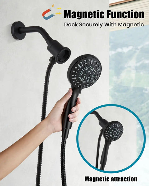 Dope Matte Black Tub Shower Faucet Set With Six Water Modes And Magnetic Handheld Valve Kit Designed For One Handed Use And Killer Water Pressure, featuring handheld shower head with magnet.