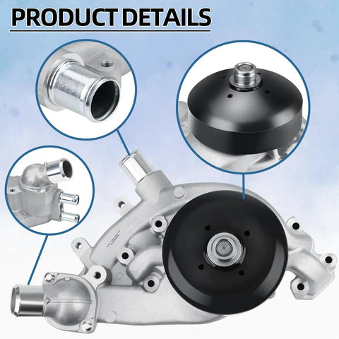Heavy Duty Engine Water Pump With Thermostat And Gasket Kit Direct Bolt Drop In Replacement, aluminum body, cooling system detail.