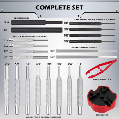Pin Punch Hammer Set With Bench Block And 25-Piece Punch Kit Pro Grade Replaceable Face Hammer Steel Roll Pin Tools layout overview