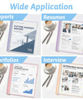 Five Pack Clear Front Report Covers With 3 Prong Fasteners For 8.5 By 11 Letter Paper in use for various documents over coffee.