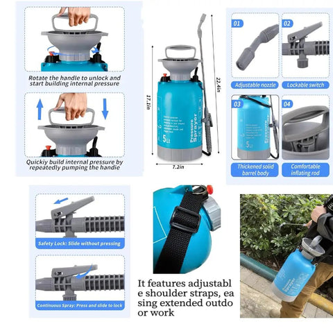 Upgraded Reinforced 1.3 Gallon Pump Pressure Sprayer For Plants And Weed Control With Adjustable Nozzles And Comfort Strap