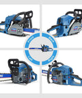 Front and side views of Rugged 52cc Gas Chainsaw With 18 Inch Bar And Two Stroke Power For Cutting Wood Outdoors Garden Farm Or Home Use
