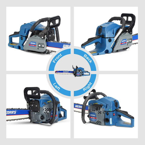 Front and side views of Rugged 52cc Gas Chainsaw With 18 Inch Bar And Two Stroke Power For Cutting Wood Outdoors Garden Farm Or Home Use