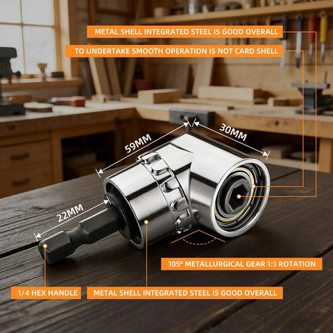 105° right-angle drill attachment in a workshop, highlighting hex shank dimensions, part of Flexible Drill Bit Extension Set 4 Piece With 1/4 Inch 3/8 Inch 1/2 Inch Hex Shank Adapters And 105 Degree Right Angle Attachment For Impact Drivers At Home Shop And Industrial Jobs.