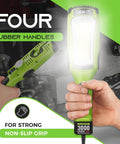 Person holding 20 Foot LED Work Light With COB 1200 Lumen Output 10W Corded Shop Light Magnetic Base Swivel Hook Built In Outlet Heavy Duty 16 Gauge SJTW Cable Ideal For Mechanics Garage Under Hood Yellow, highlighting rubber handles and strong grip.