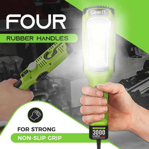 Person holding 20 Foot LED Work Light With COB 1200 Lumen Output 10W Corded Shop Light Magnetic Base Swivel Hook Built In Outlet Heavy Duty 16 Gauge SJTW Cable Ideal For Mechanics Garage Under Hood Yellow, highlighting rubber handles and strong grip.