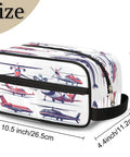 Go To Travel Toiletry Bag For Women And Men Foldable Dopp Kit with aircraft pattern, large main pocket, and zipper pocket.
