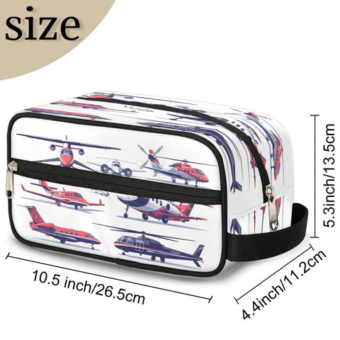 Go To Travel Toiletry Bag For Women And Men Foldable Dopp Kit with aircraft pattern, large main pocket, and zipper pocket.