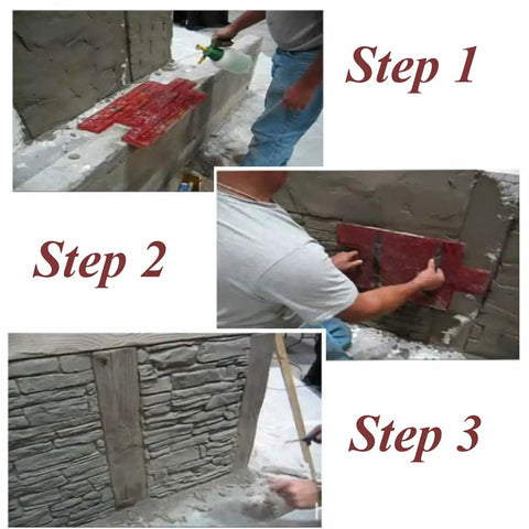 Three-step process using Granite Look Stamp Mat Pro Grade for concrete texturing; shows alignment and texturing with slate pattern.