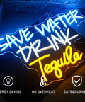 Blue and yellow neon sign reading 'Save Water Drink Tequila' for bars, man caves, and home decor.