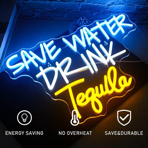Blue and yellow neon sign reading 'Save Water Drink Tequila' for bars, man caves, and home decor.