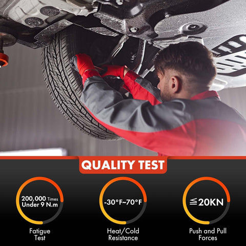 Mechanic performing quality test on tire under vehicle to show fatigue and temperature resistance.