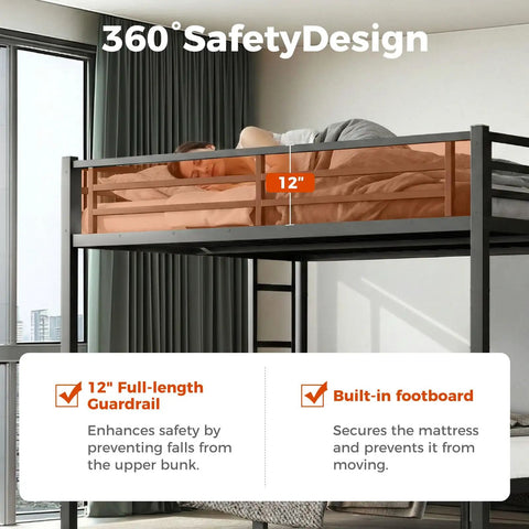 Heavy Duty Queen Over Queen Bunk Bed Frame Rock Solid Steel Sleep Stack For Adults And Teens Built Tough Loft setup showing 12" guardrails.
