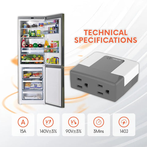 Two Outlet Wall Tap Surge Protector With Ground Protection Indicator Lights for fridge and washer, shown next to open fridge.