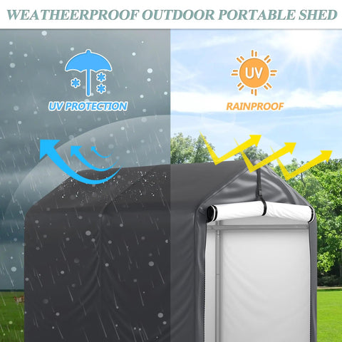 3x6 Ft Outdoor Storage Shelter Heavy Duty Waterproof Portable Shed With Roll Up Zipper Door And Ventilated Windows showing UV and rain protection
