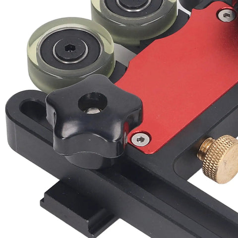 Close-up of Rock Solid Updated Feather Boards with bearing roller fence design for table saws and router tables.