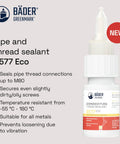Bader Greenmark pipe and thread sealant B577 Eco 10ml bottle, suitable for metal, seals connections, temperature resistant -55°C to 180°C.