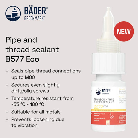 Bader Greenmark pipe and thread sealant B577 Eco 10ml bottle, suitable for metal, seals connections, temperature resistant -55°C to 180°C.