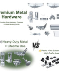 Premium metal hardware components vs plastic alternatives, showcasing durable rust-resistant design, heavy-duty use indications.