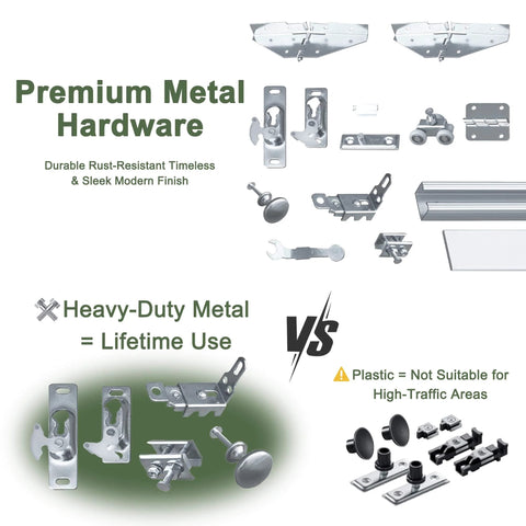 Premium metal hardware components vs plastic alternatives, showcasing durable rust-resistant design, heavy-duty use indications.