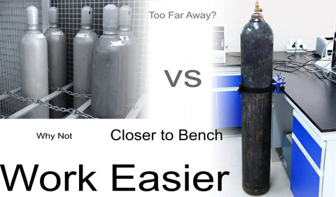 Bench Mount Cylinder Bracket For Gas Cylinders And Canisters vs wall stored tanks, demonstrating ease of access in labs.