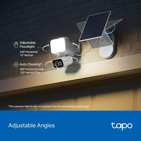 2K Outdoor Pan Tilt Floodlight Security Camera Battery Powered With Solar, 360 Degree AI Motion Tracking installed on wall.