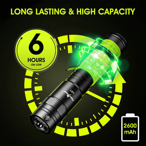 Ultra Bright 1500 Lumen Rechargeable Tactical Flashlight with 6-hour battery, glowing green USB-C design, 2600mAh