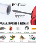 Diagram showing 20V Cordless Drain Auger Auto Feed 25 Ft Drain Snake With Replaceable Cable sizes and applicable blockages