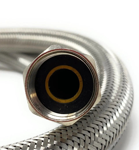 Close-up of One Half Inch Flexible Water Heater Connector Hose With Braided Stainless Steel For High Pressure And High Temperature