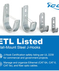 Three Quarter Inch Wall Mount J-Hooks Pack Of 25 For Cable Management, Galvanized Steel With Zinc Finish, ETL Listed
