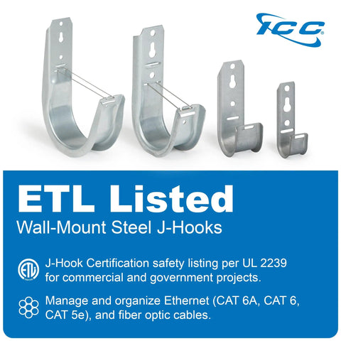 Three Quarter Inch Wall Mount J-Hooks Pack Of 25 For Cable Management, Galvanized Steel With Zinc Finish, ETL Listed