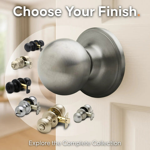 Heavy Duty Passage Door Knob With Easy Install Reversible For Bedroom Bathroom And Closets Satin Stainless Finish No Locking Interior Door Hardware ANSI Grade Three One Pack shown in satin finish with multiple color options on display.