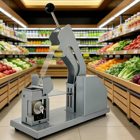 Efficient Manual Vegetable Strapping Machine For Supermarkets And Farms. Steel design for securing fresh produce in store.
